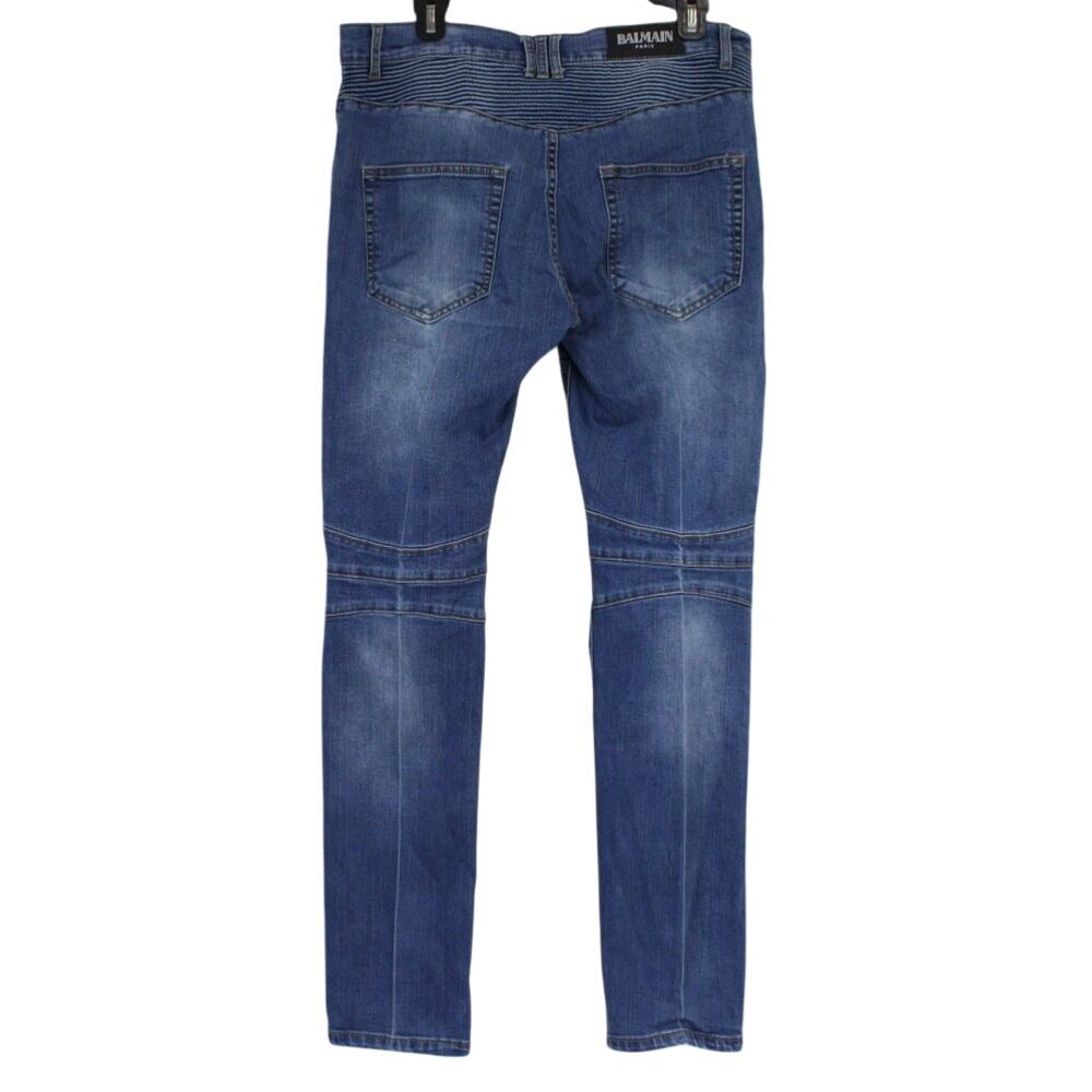 Balmain Paris Biker Jeans Men's 32 Blue Moto Ribbed Zip Pocket Denim